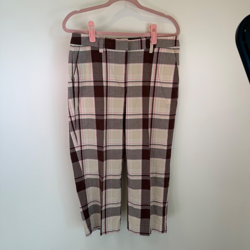 Talbots Womens Plaid Cropped Pants Brown Pink Cream Cotton Sz 8 22" Med Retro